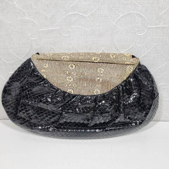 Vintage Snakeskin Clutch Purse Womens Cream Black Snap Closure Crossbody Strap - Picture 3 of 10